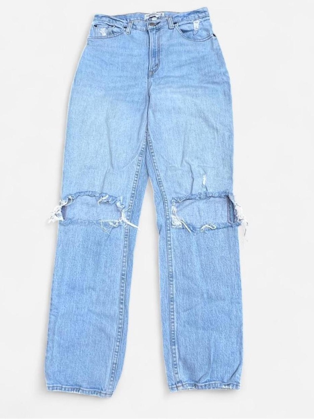 Abercrombie & Fitch Curve Love Light Blue Straight-Leg Distressed Knee Jeans